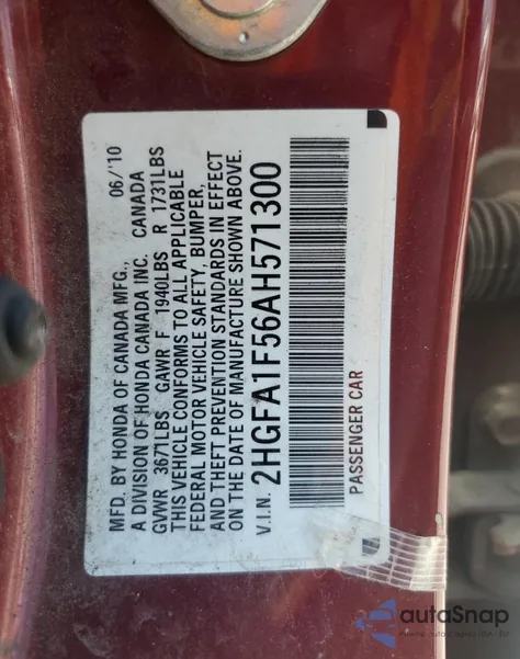 2010 Honda Civic Lx from USA, damaged, VIN 2HGFA1F56AH571300